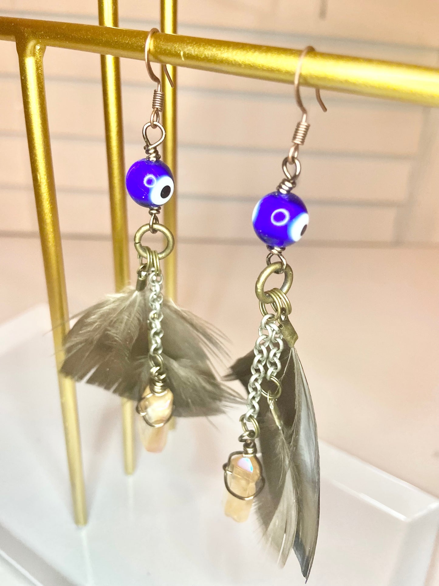 Turkey Feather Evil Eye Earrings