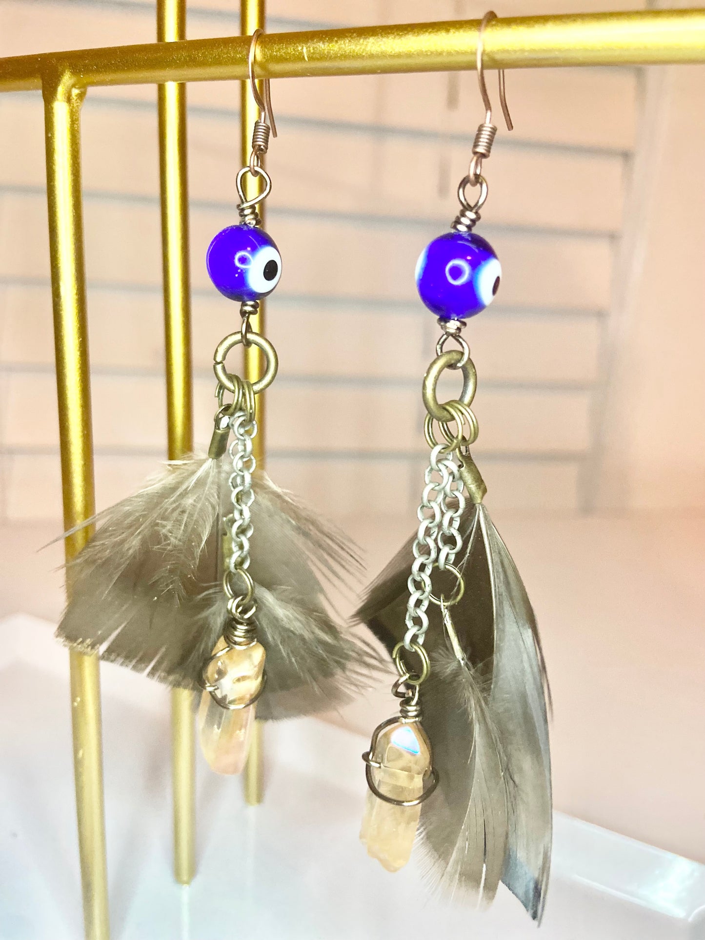 Turkey Feather Evil Eye Earrings