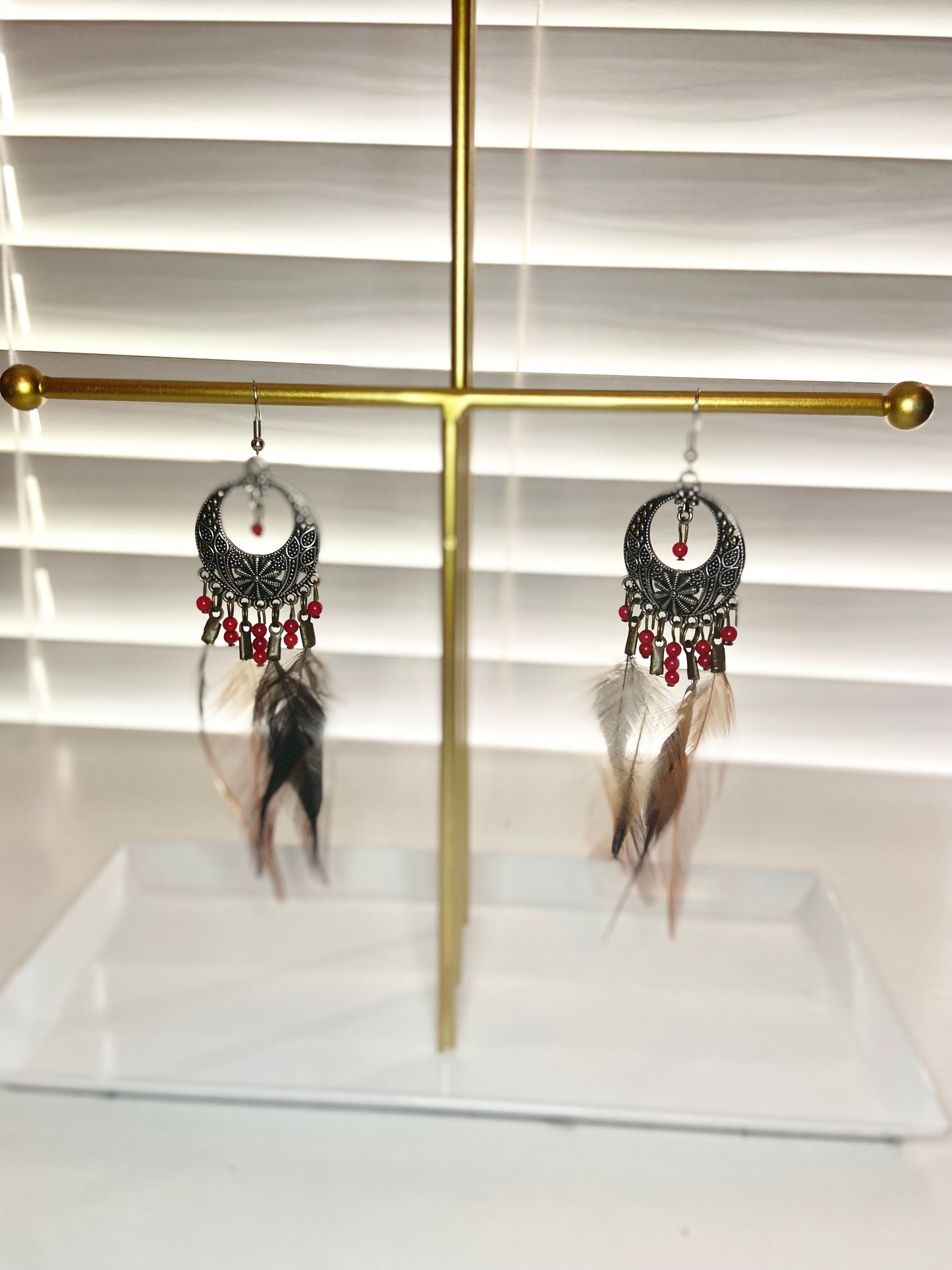 Pheasant and Coral Boho Earrings