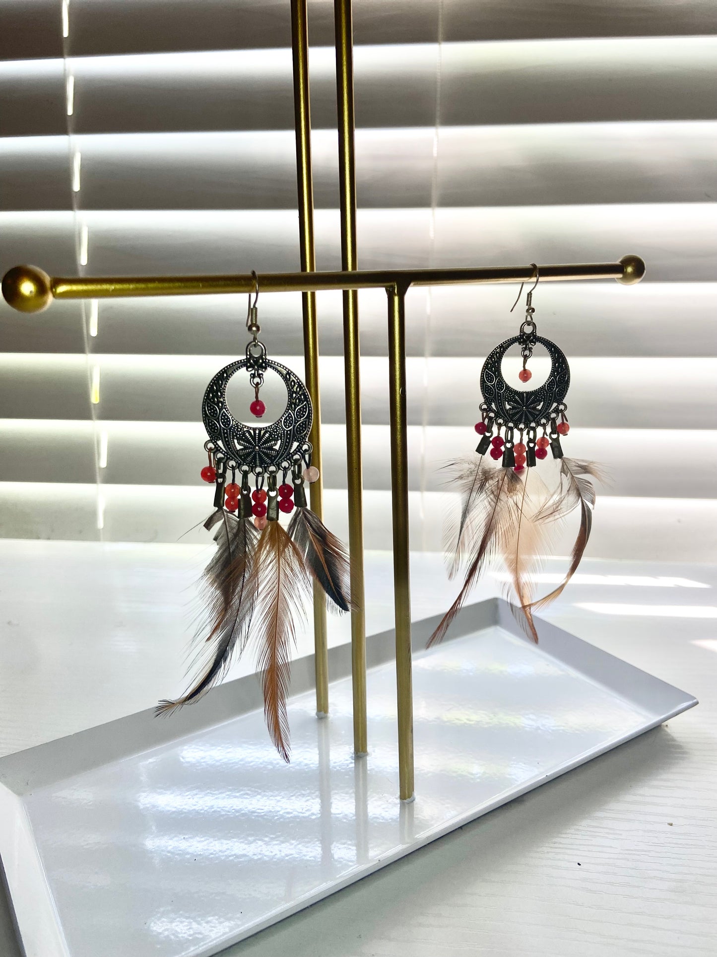 Pheasant and Carnelian Boho Earrings