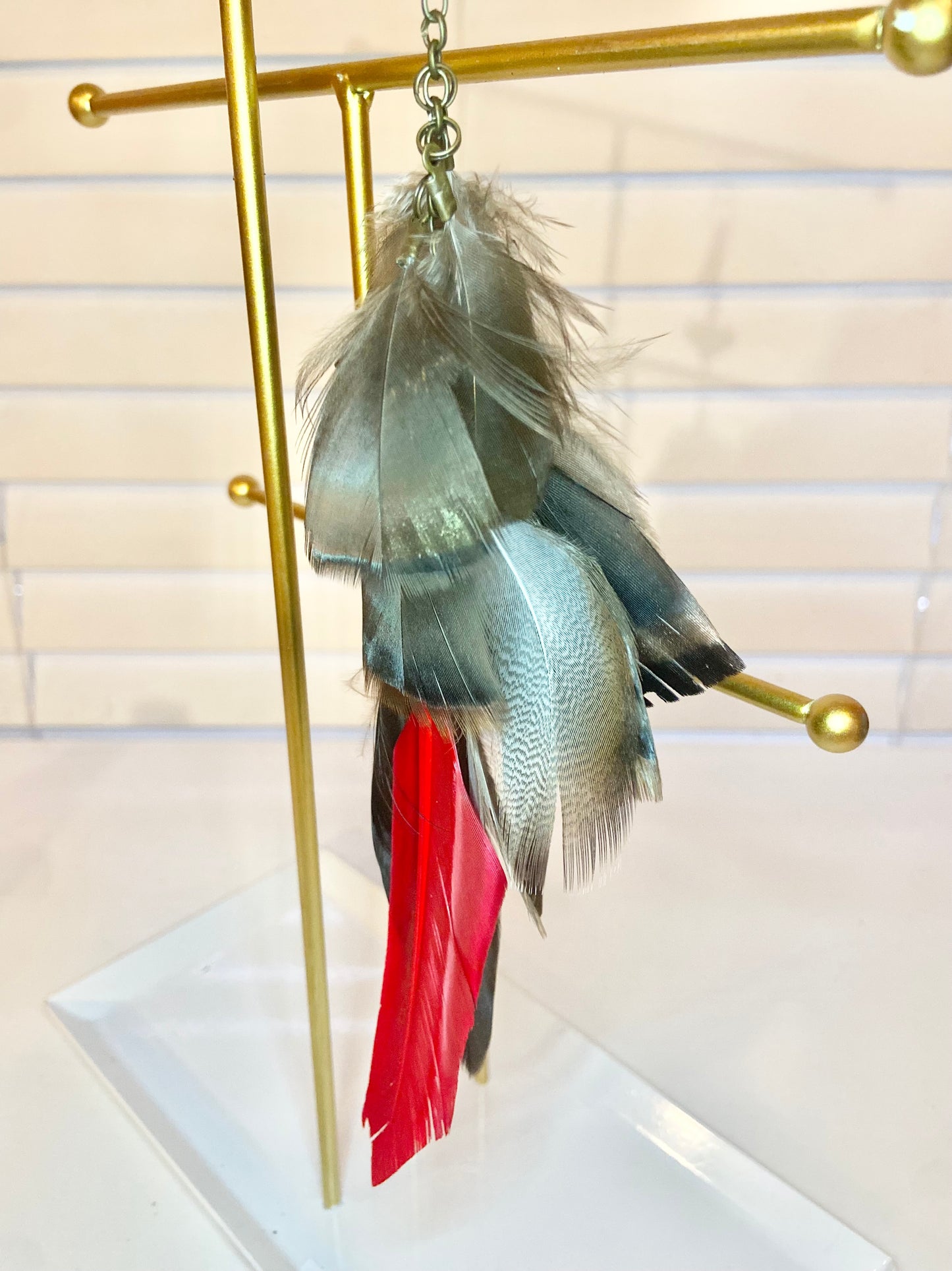 Red Heart Single Feather Earring