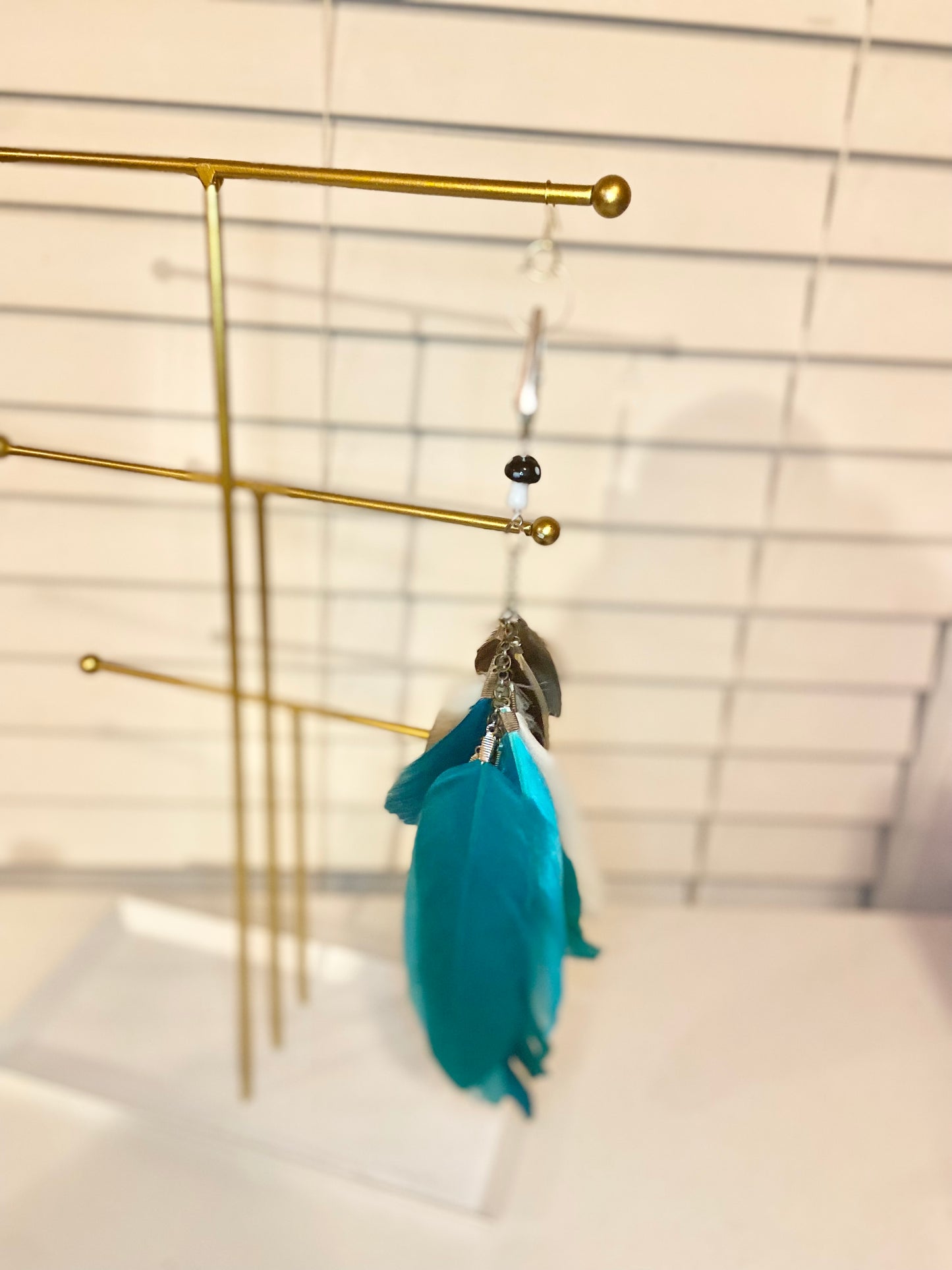 Single Long Blue Feather Earring