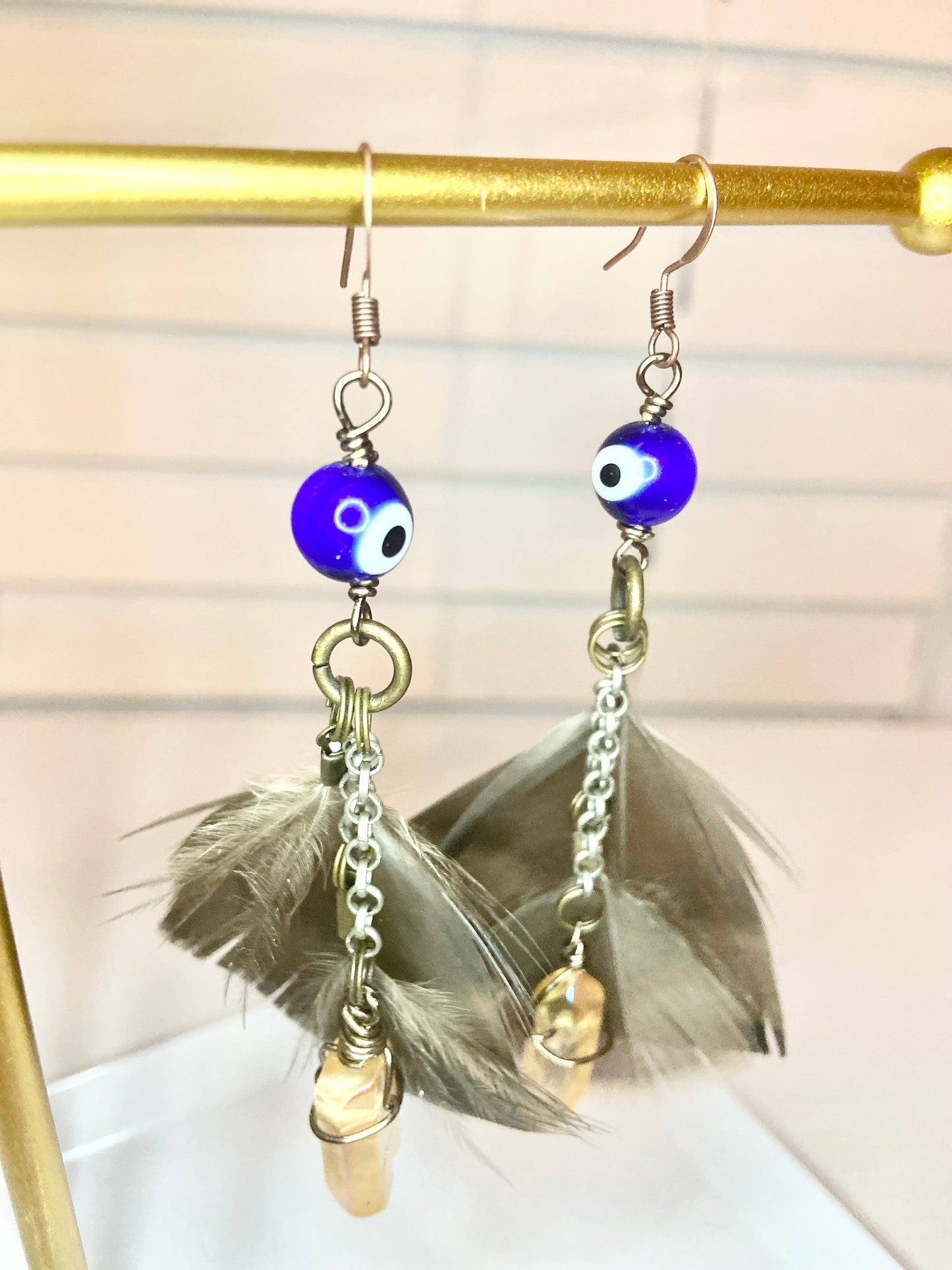Turkey Feather Evil Eye Earrings