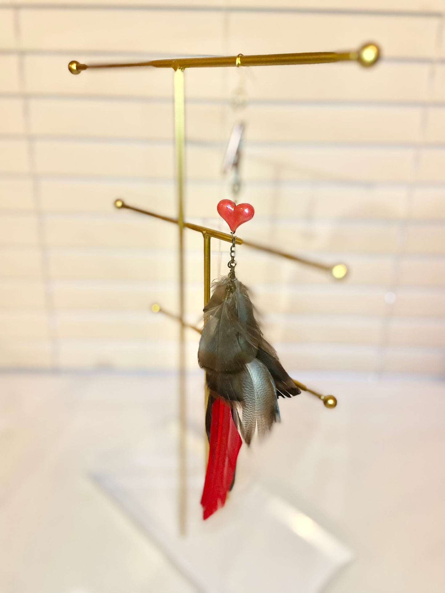 Red Heart Single Feather Earring