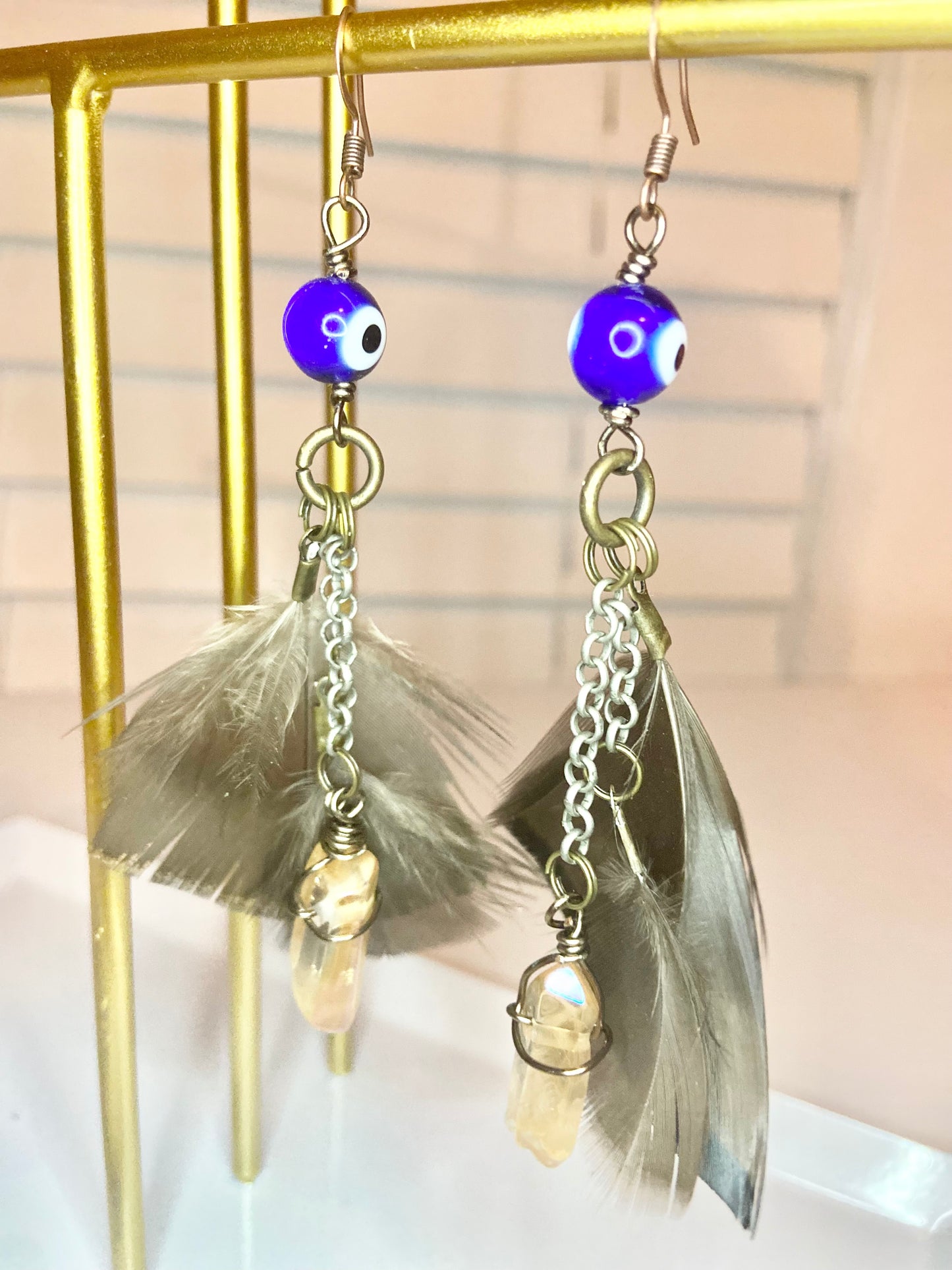Turkey Feather Evil Eye Earrings