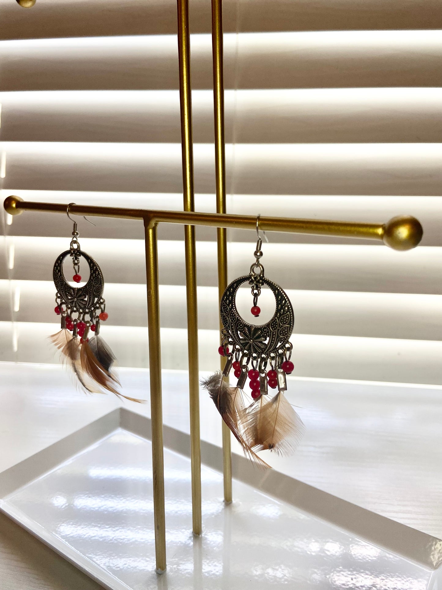 Coral Pheasant Boho Earrings