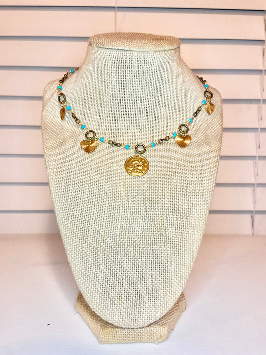 Turquoise and Gold Charm Choker