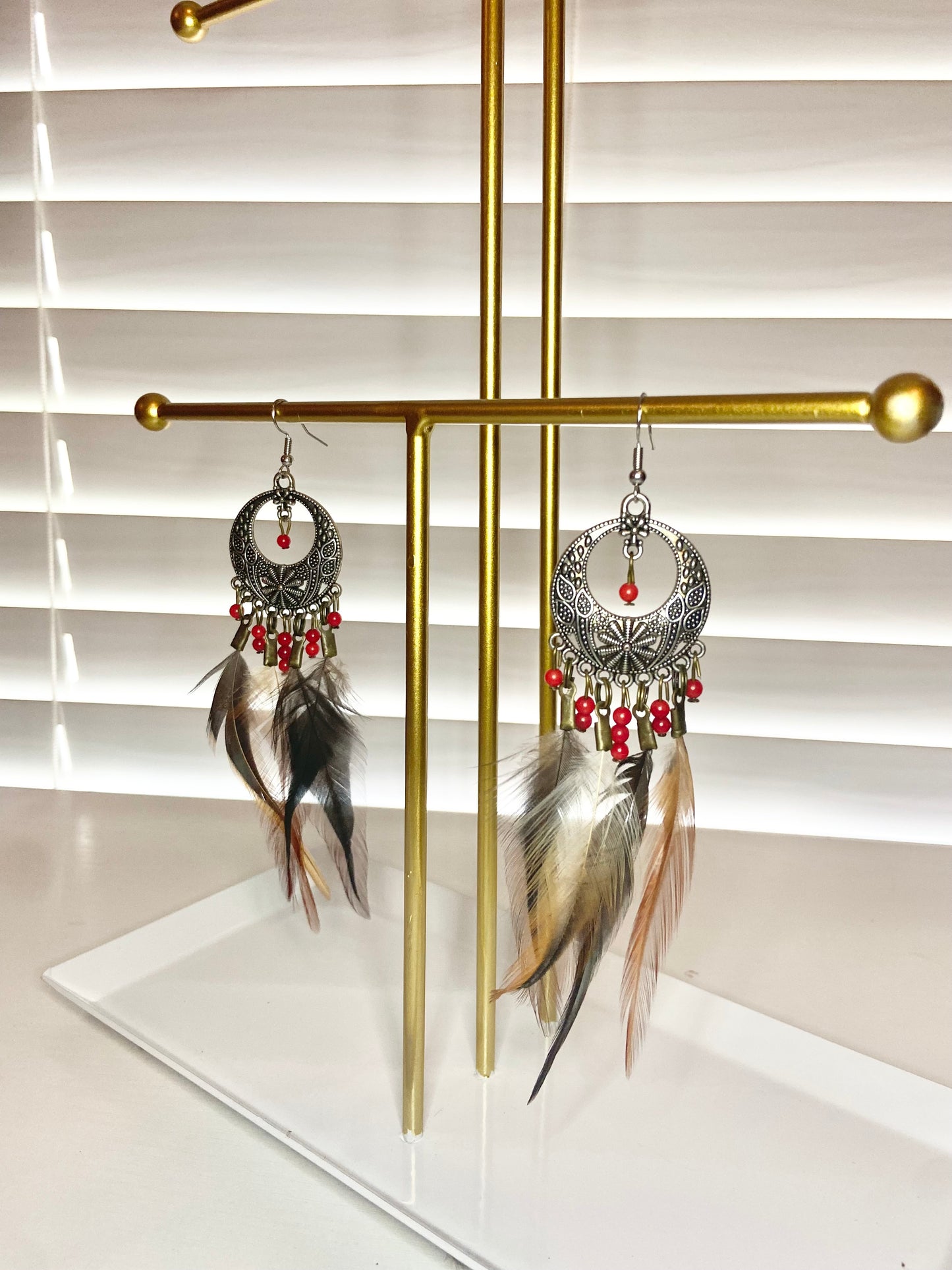 Pheasant and Coral Boho Earrings