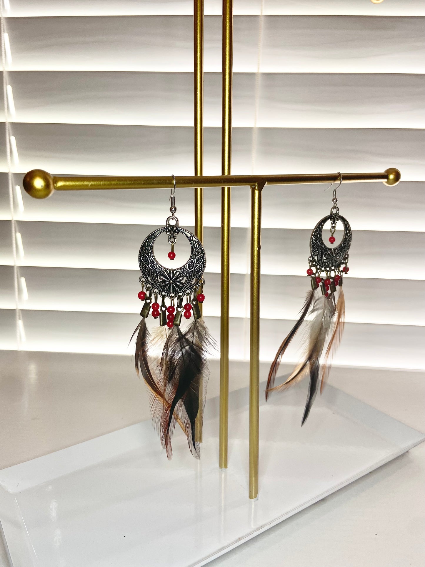 Pheasant and Coral Boho Earrings