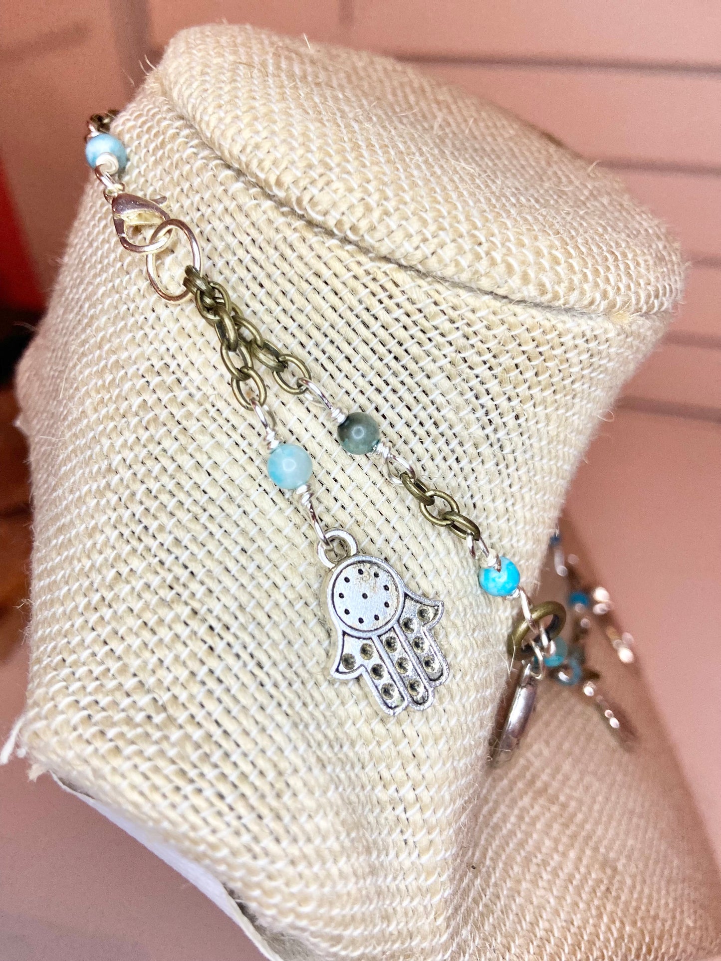 Turquoise Seed Bead and Silver Charm Choker