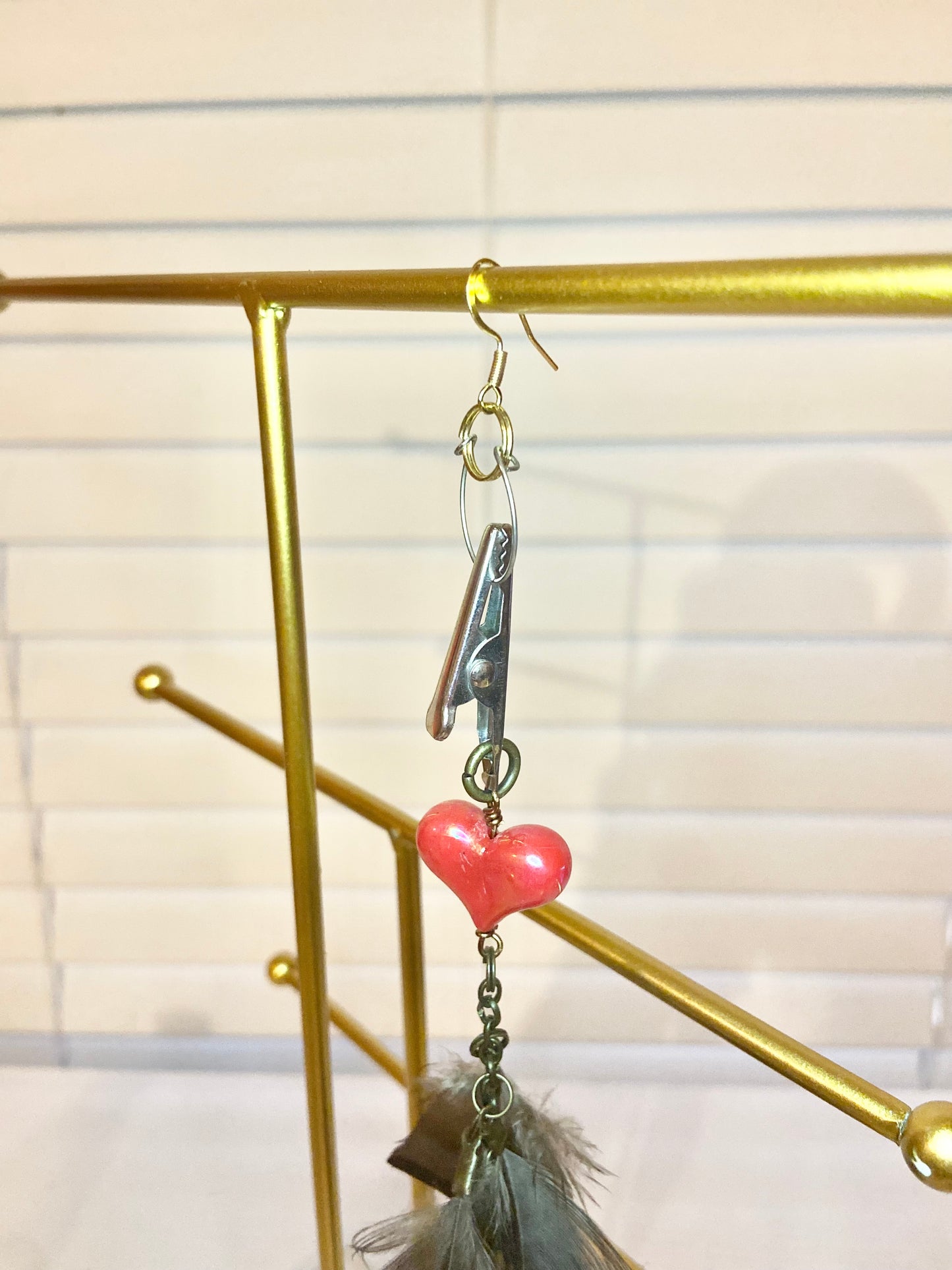 Red Heart Single Feather Earring