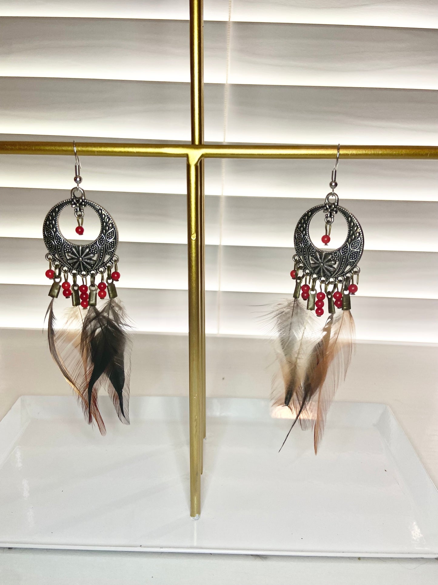 Pheasant and Coral Boho Earrings