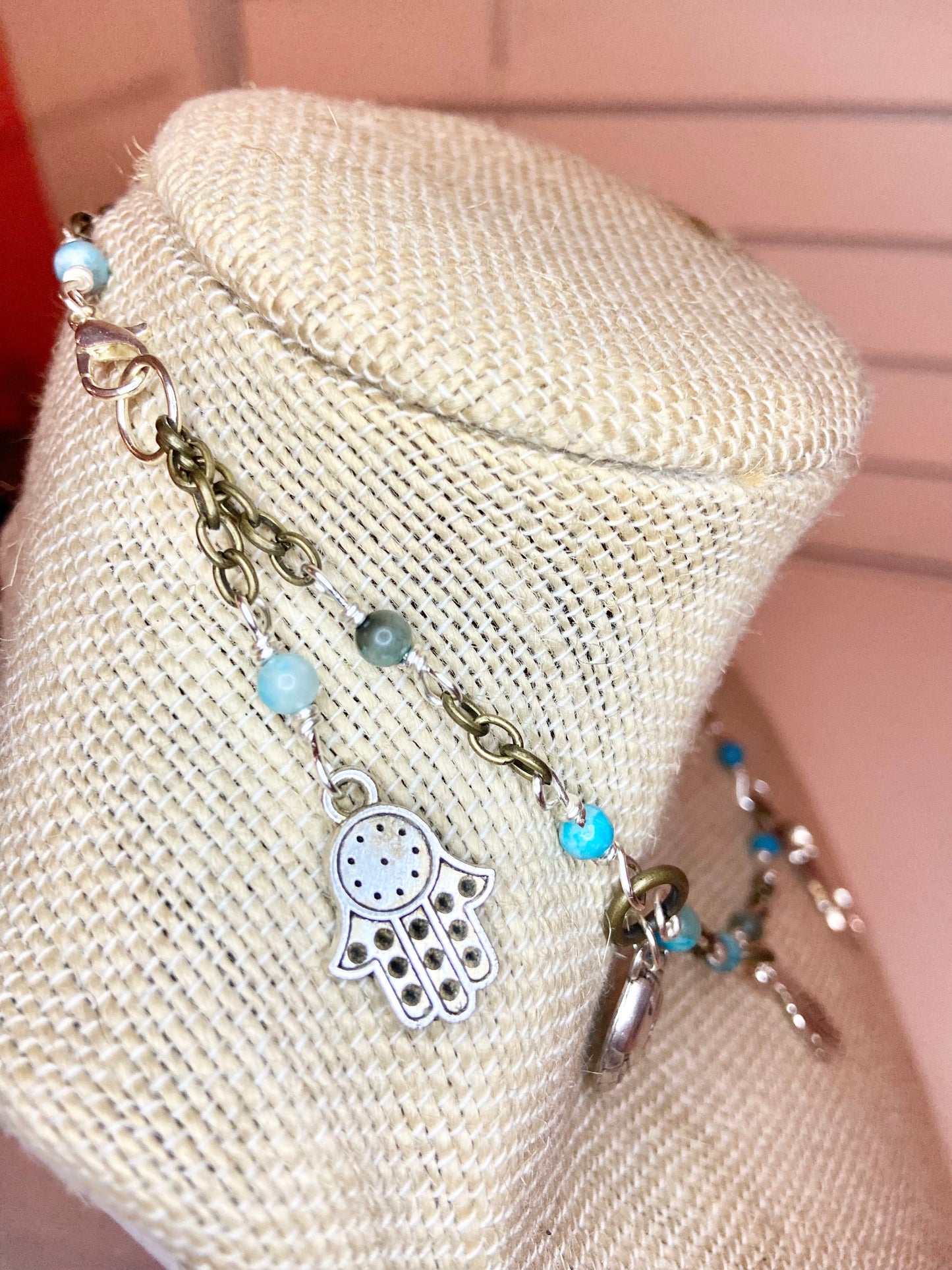 Turquoise Seed Bead and Silver Charm Choker
