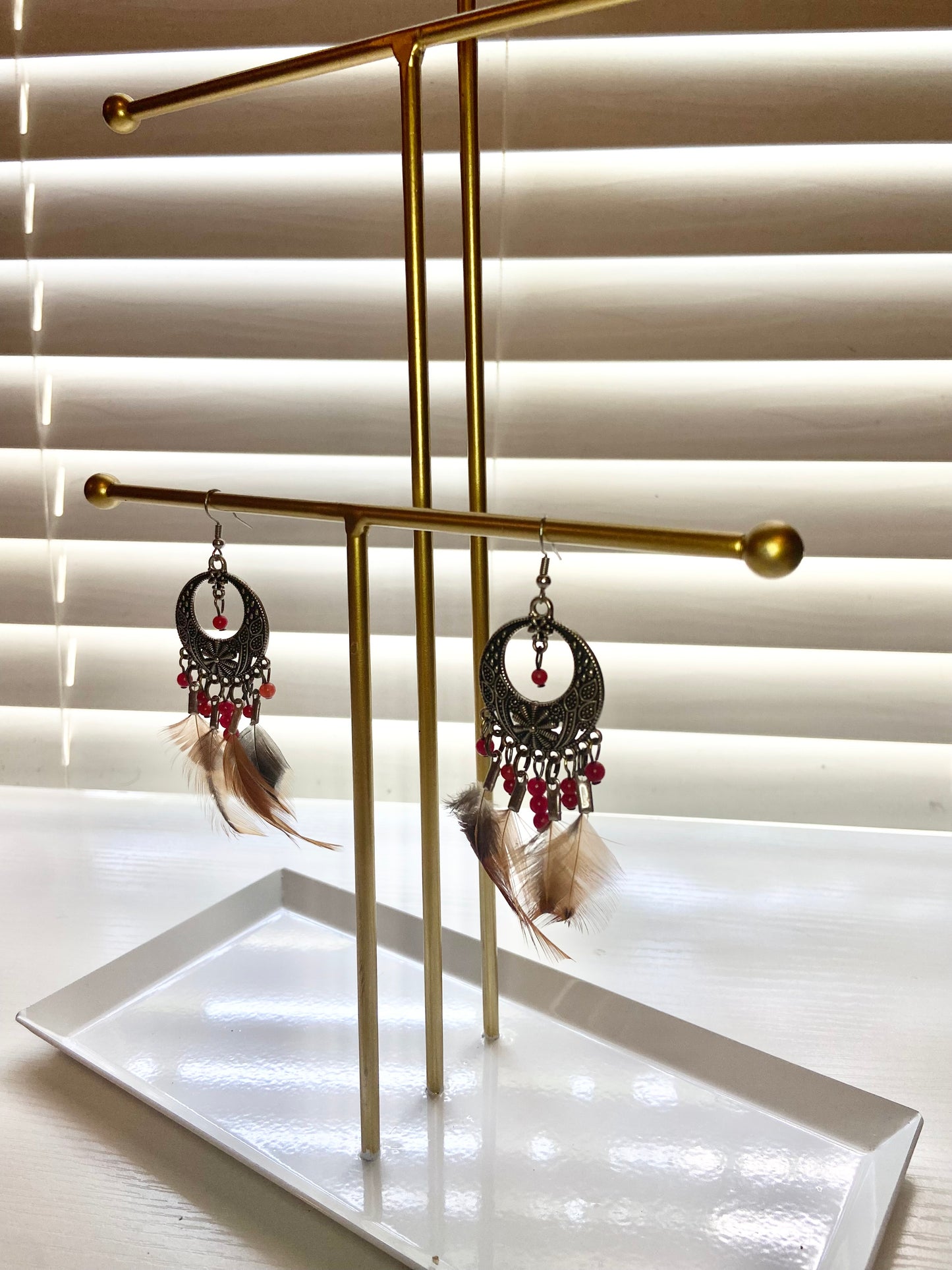 Coral Pheasant Boho Earrings