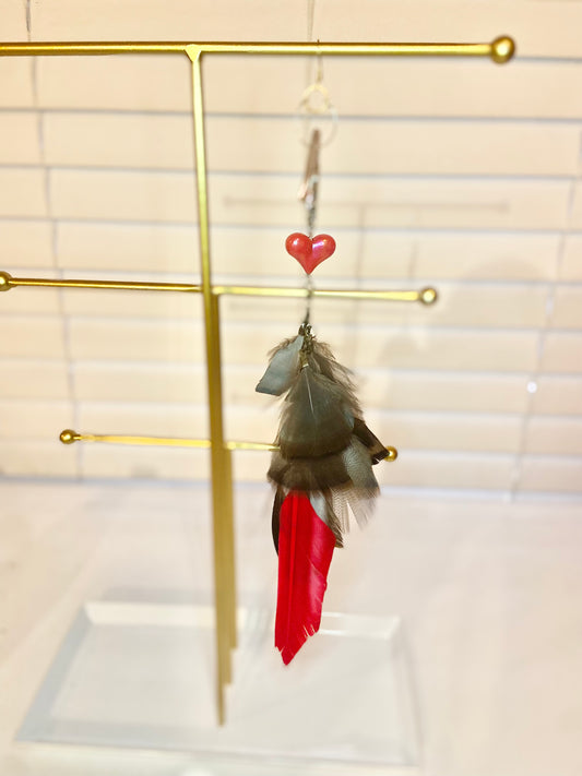 Red Heart Single Feather Earring
