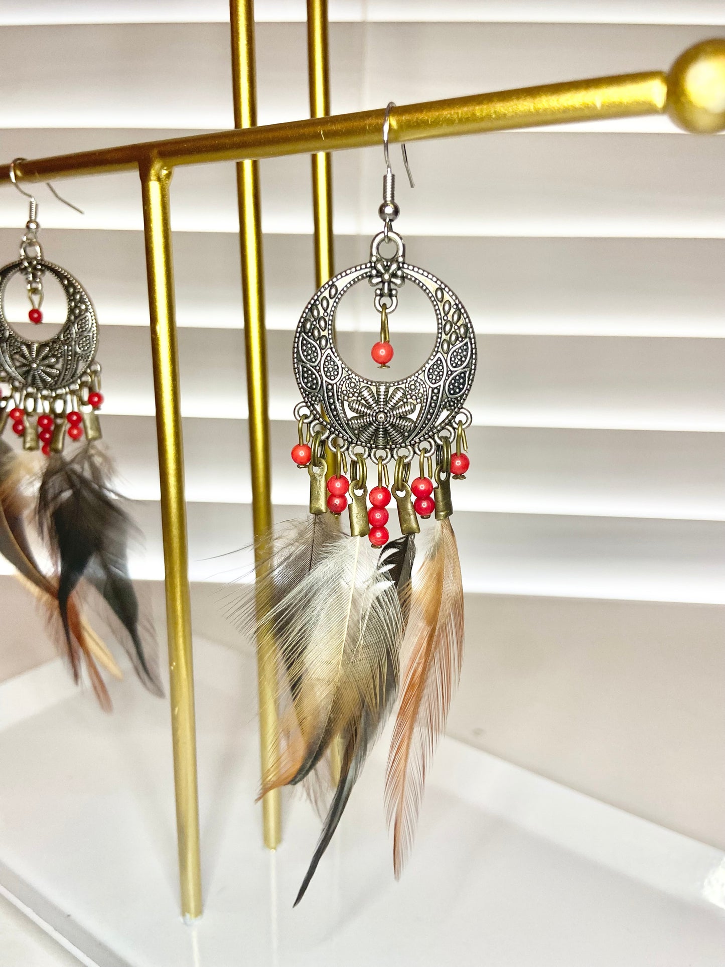 Pheasant and Coral Boho Earrings