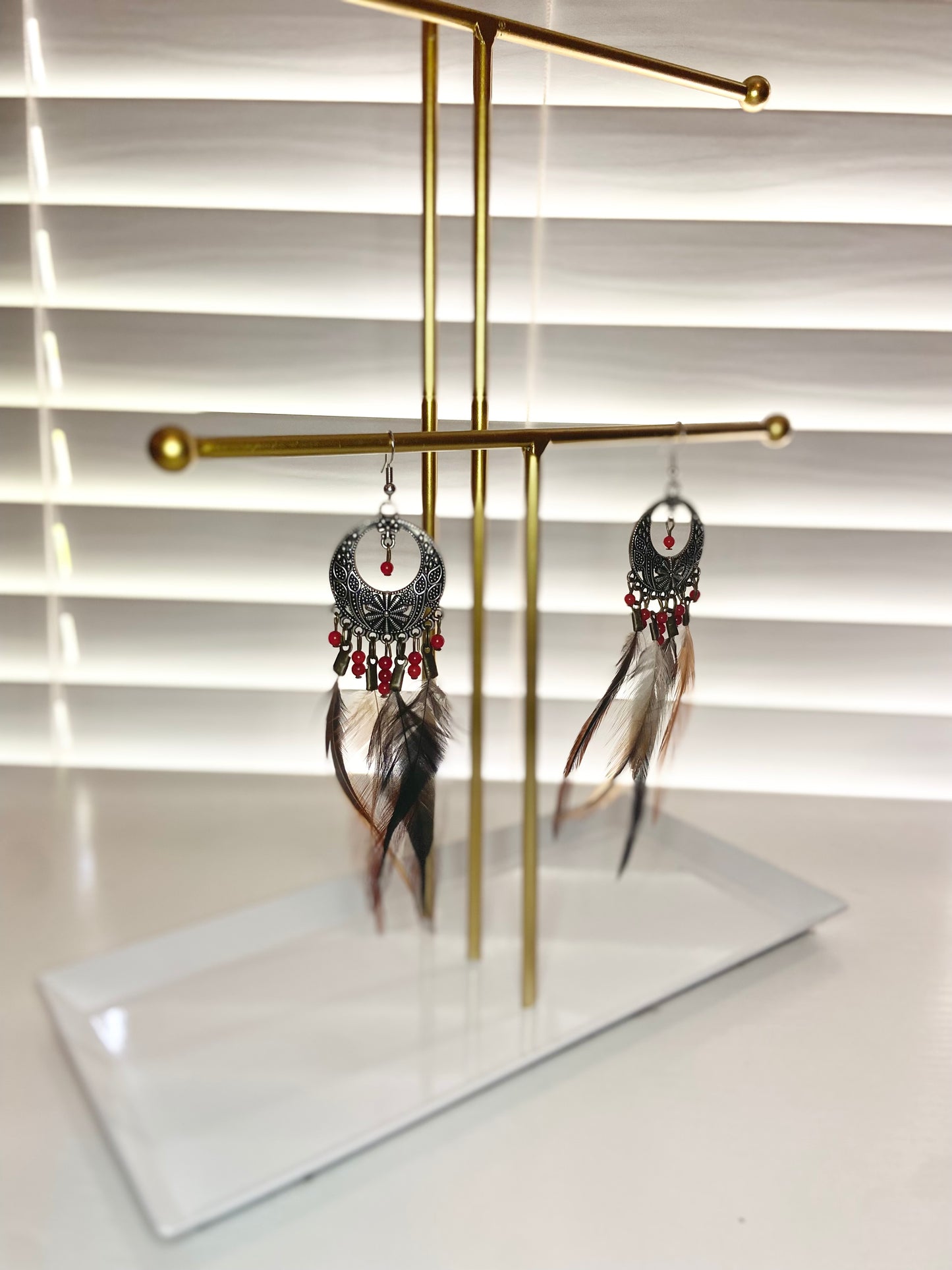 Pheasant and Coral Boho Earrings