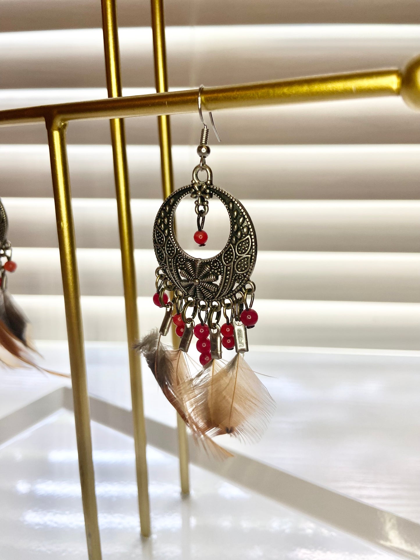 Coral Pheasant Boho Earrings