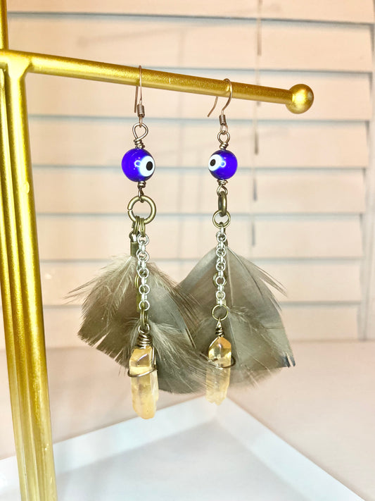 Turkey Feather Evil Eye Earrings