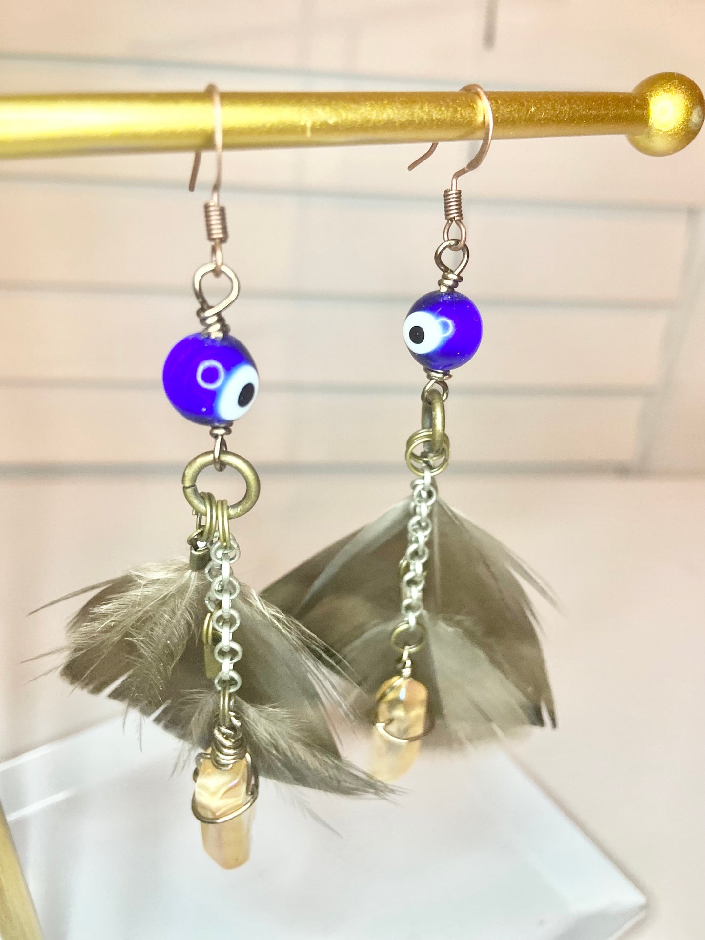 Turkey Feather Evil Eye Earrings