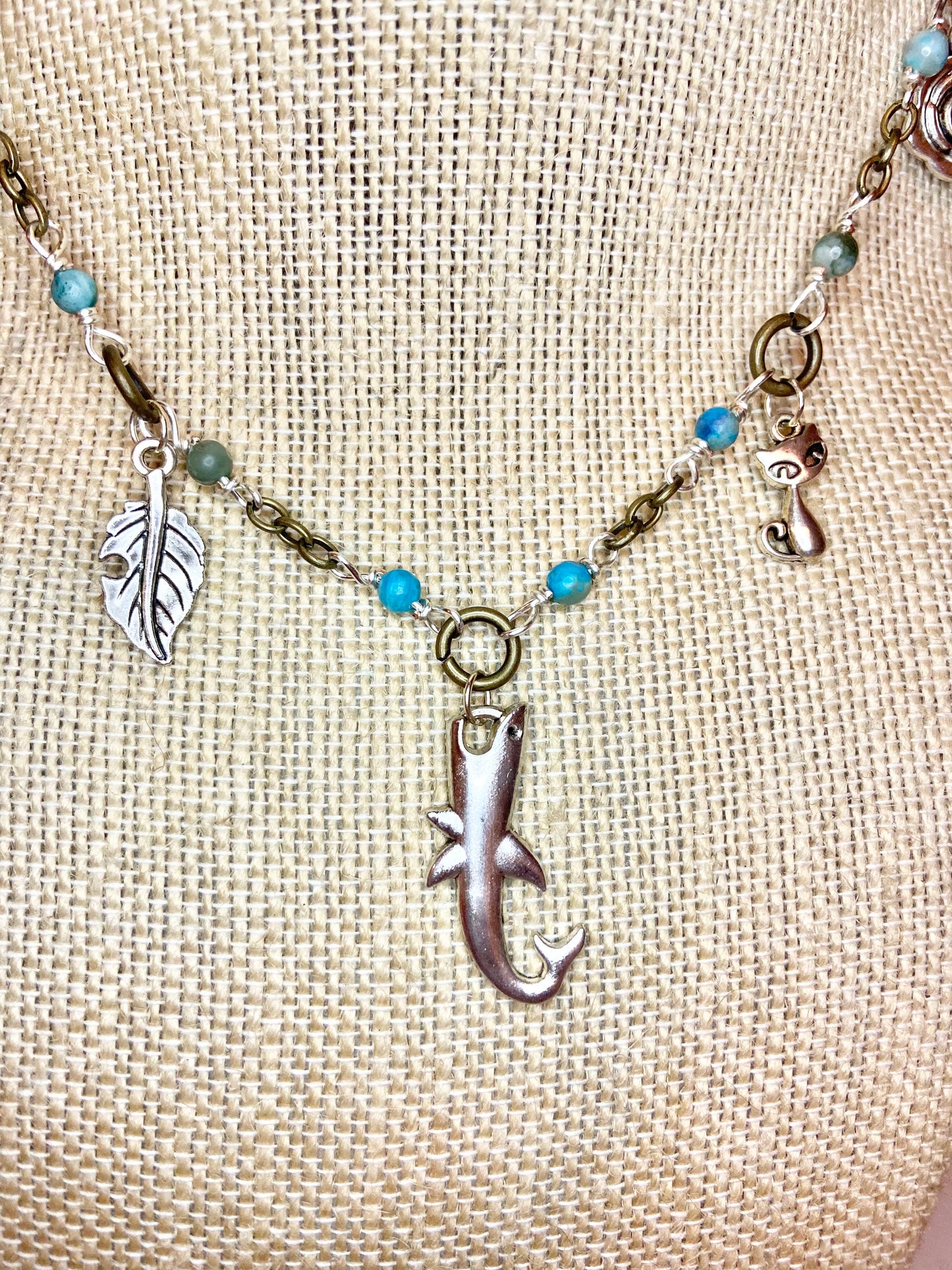 Turquoise Seed Bead and Silver Charm Choker
