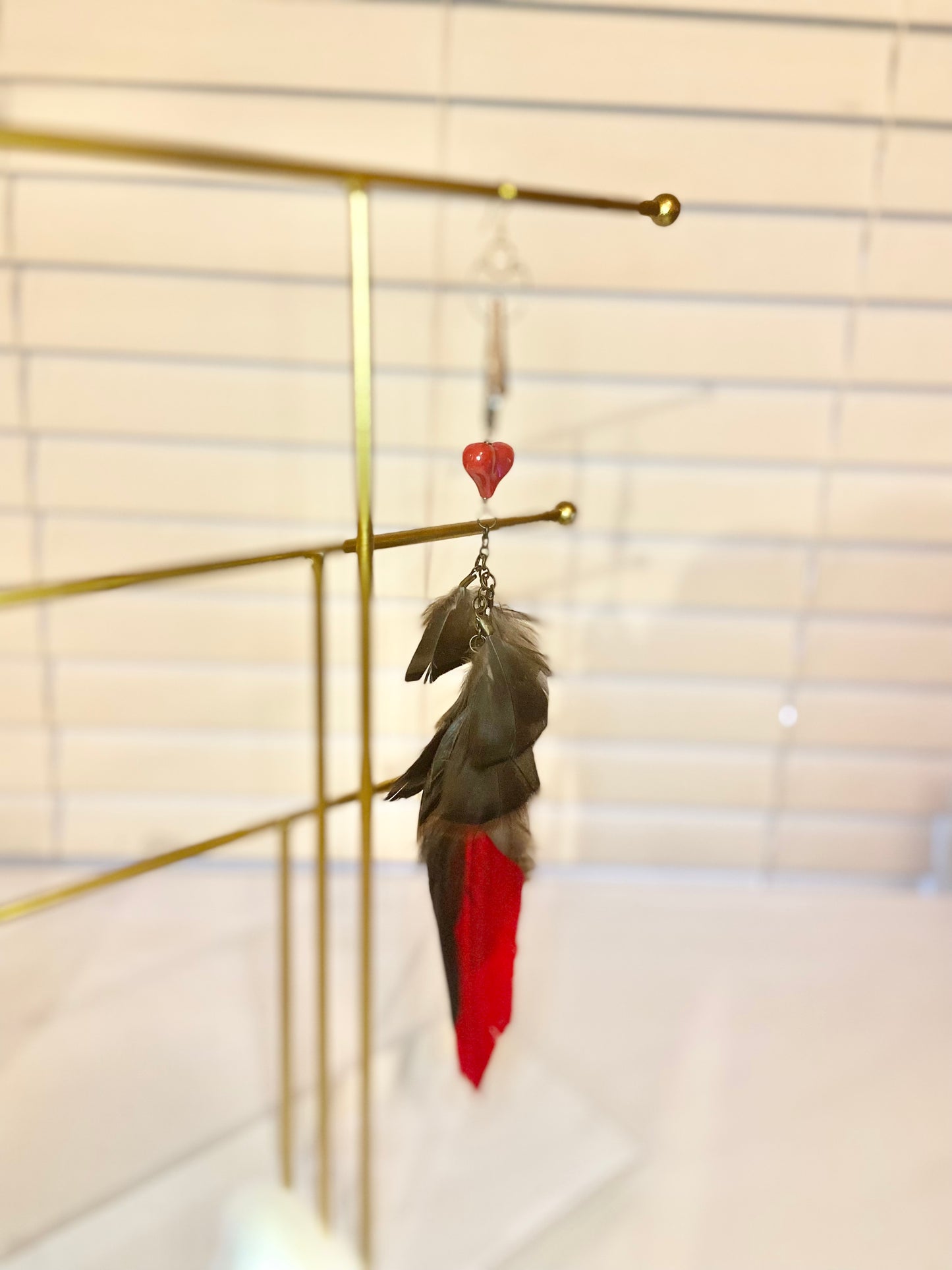 Red Heart Single Feather Earring