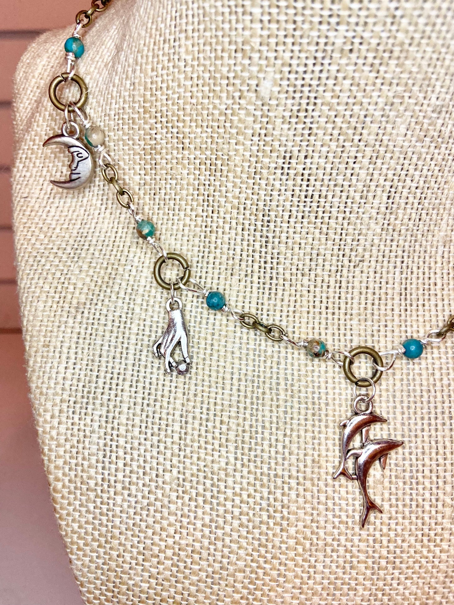 Turquoise Bead and Silver Charm Choker