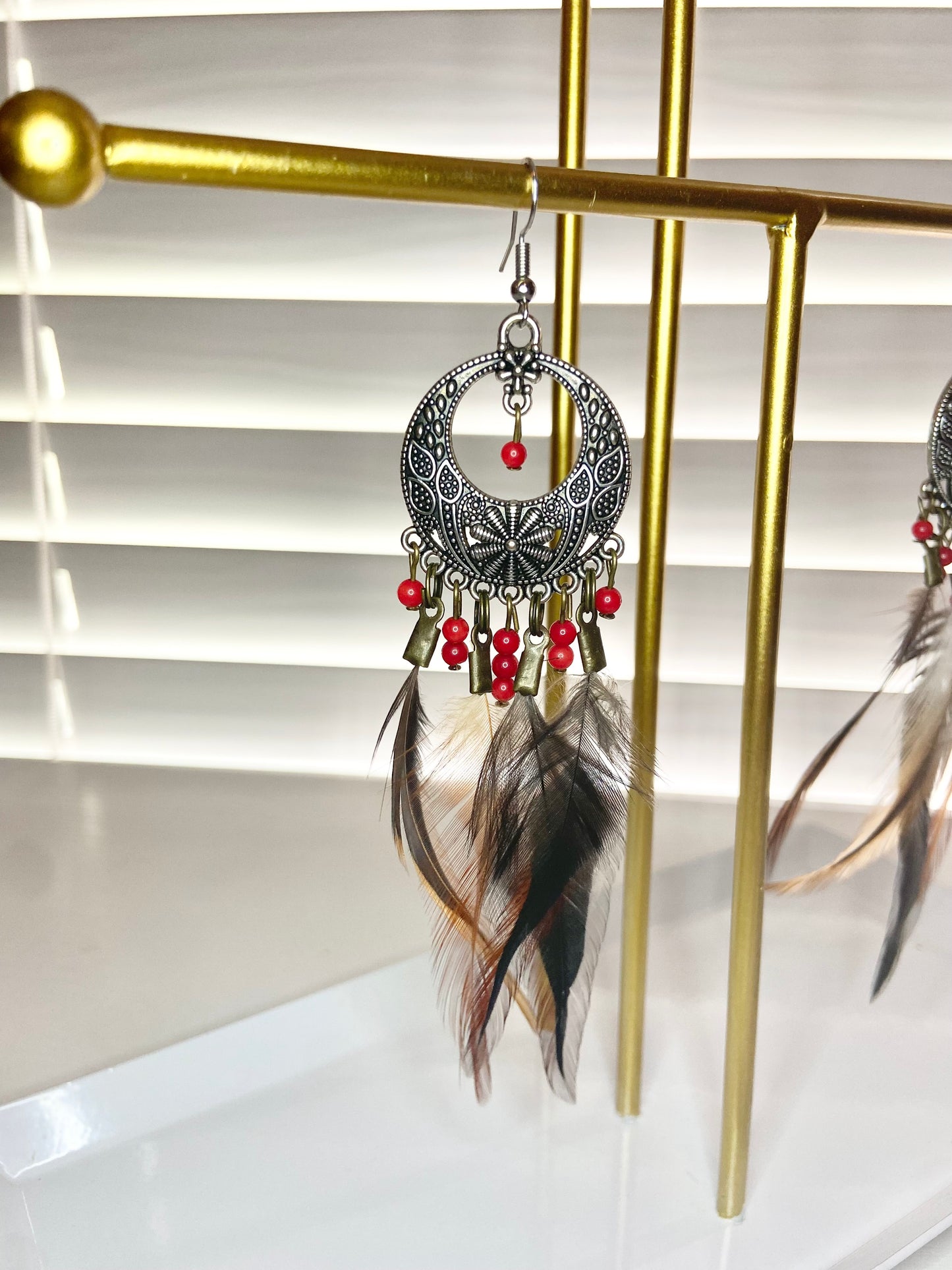 Pheasant and Coral Boho Earrings