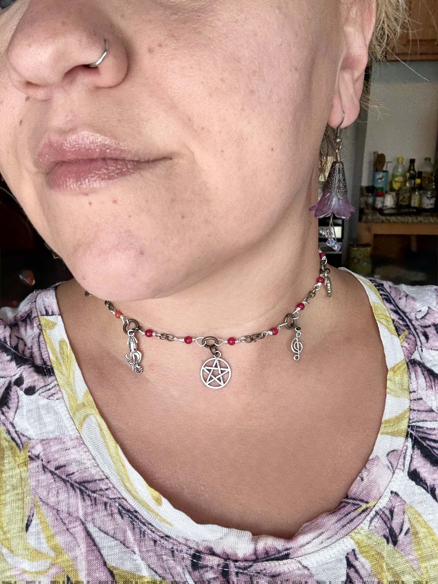 Carnelian and Silver Charm Choker