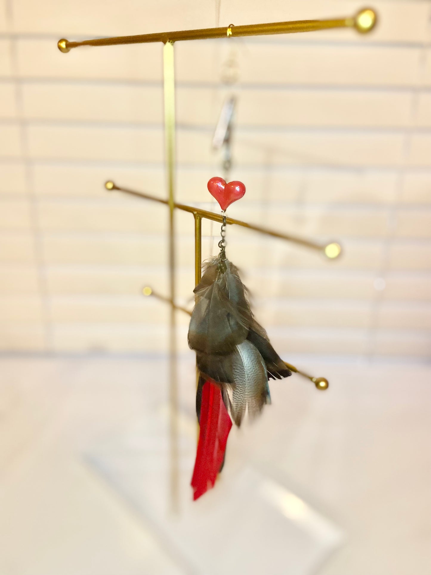 Red Heart Single Feather Earring