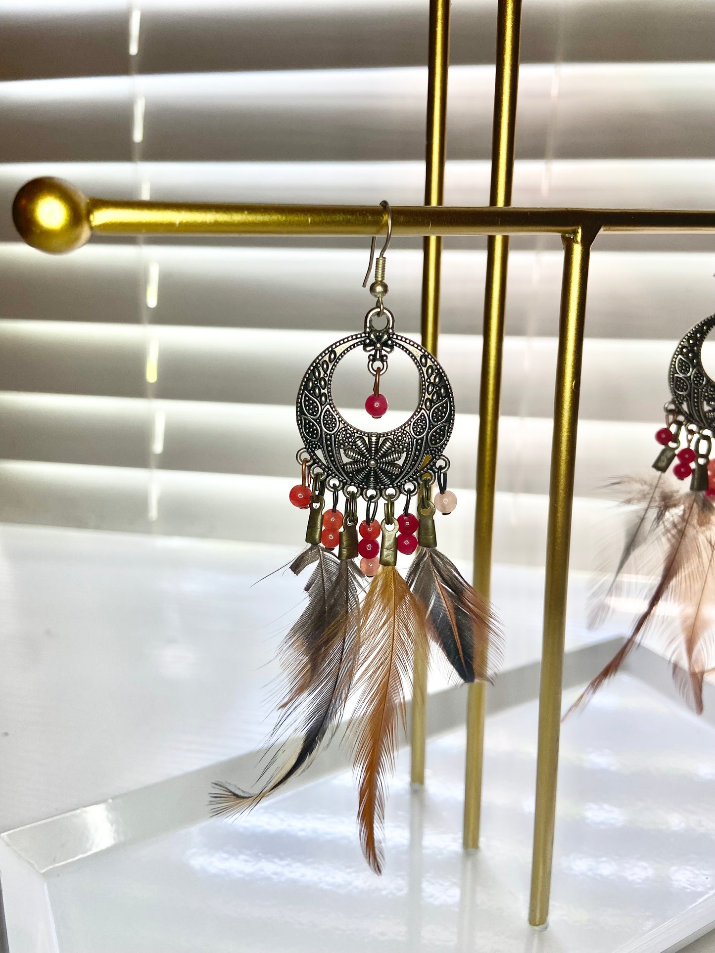 Pheasant and Carnelian Boho Earrings