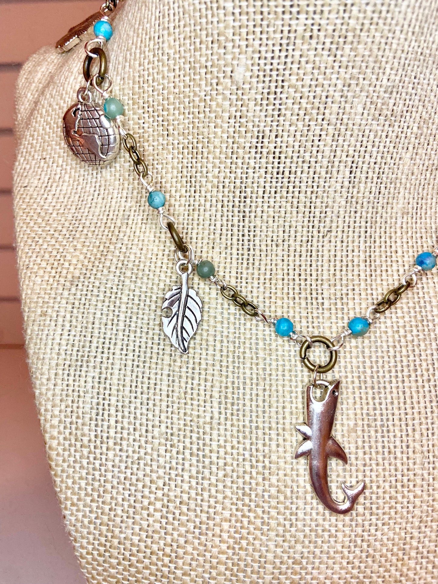 Turquoise Seed Bead and Silver Charm Choker
