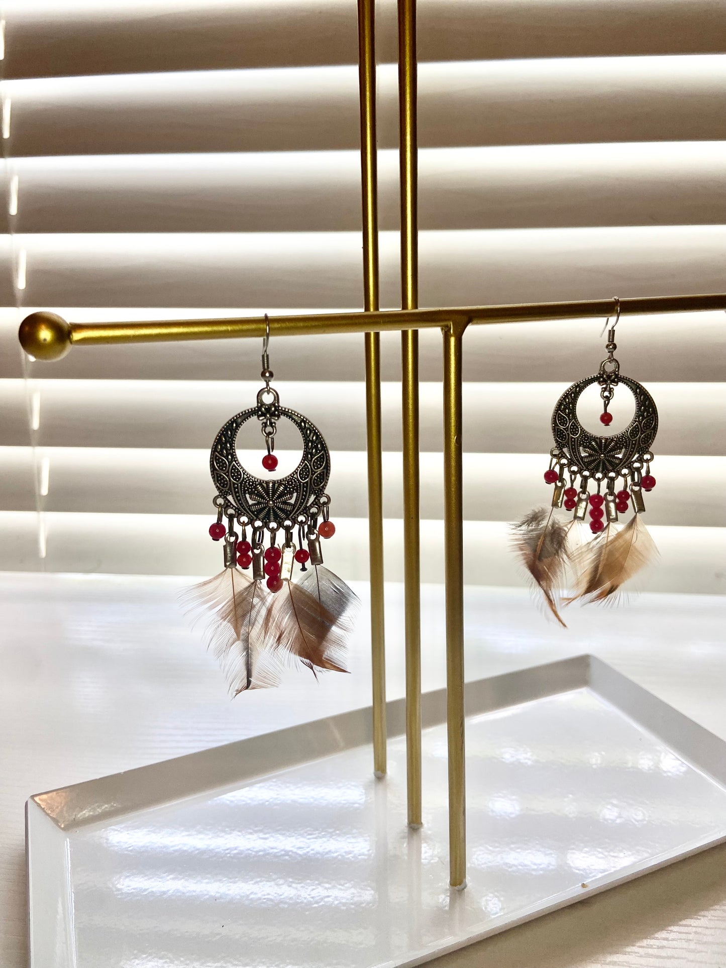 Coral Pheasant Boho Earrings