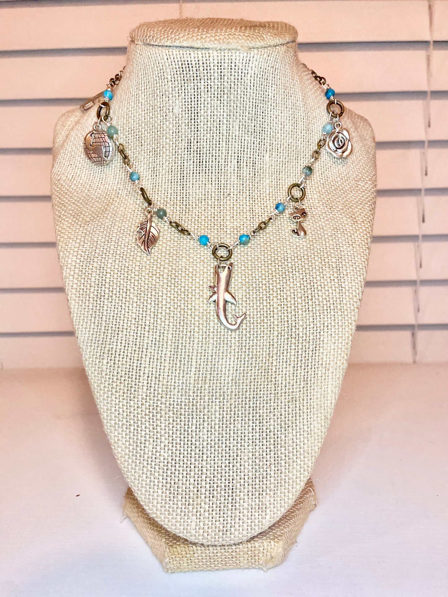 Turquoise Seed Bead and Silver Charm Choker