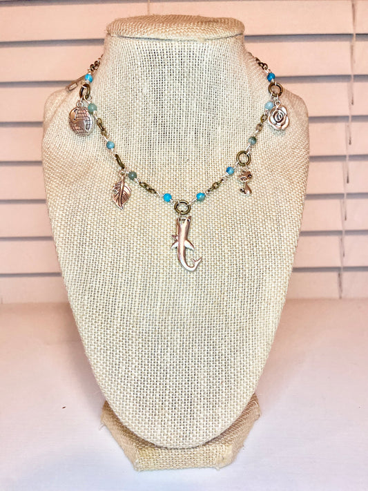 Turquoise Seed Bead and Silver Charm Choker