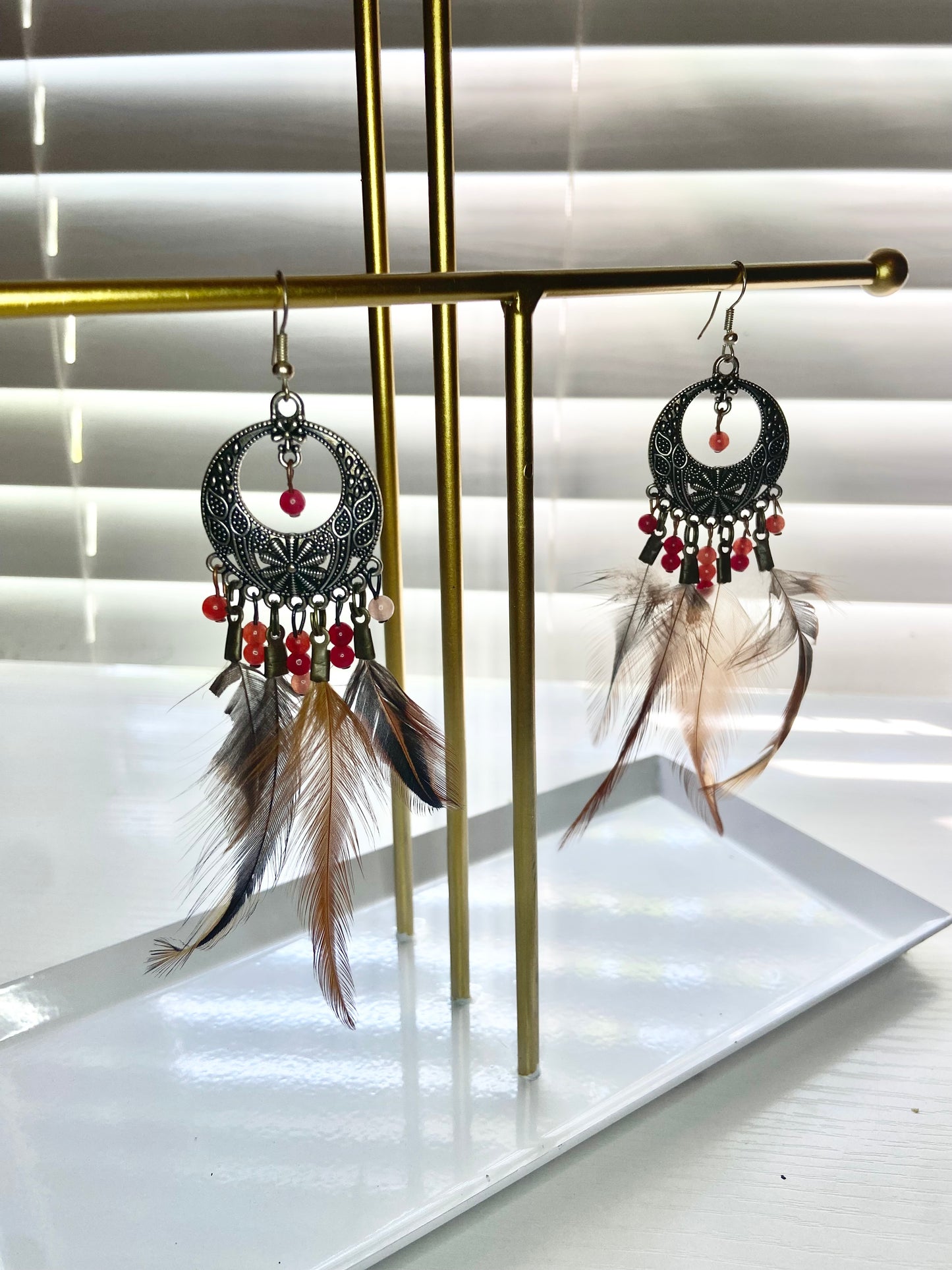 Pheasant and Carnelian Boho Earrings