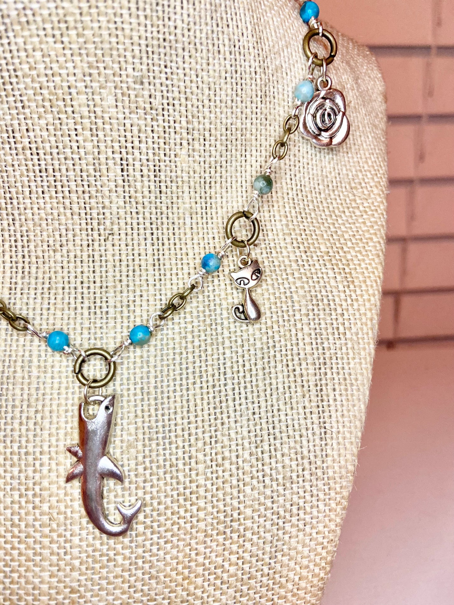 Turquoise Seed Bead and Silver Charm Choker