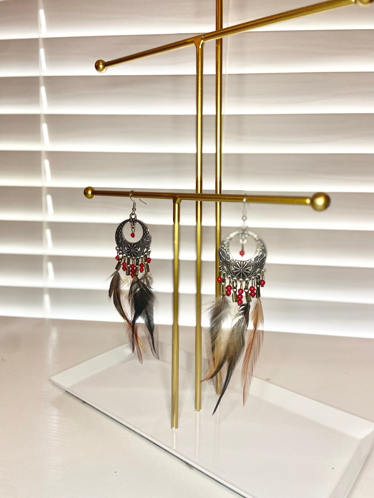 Pheasant and Coral Boho Earrings