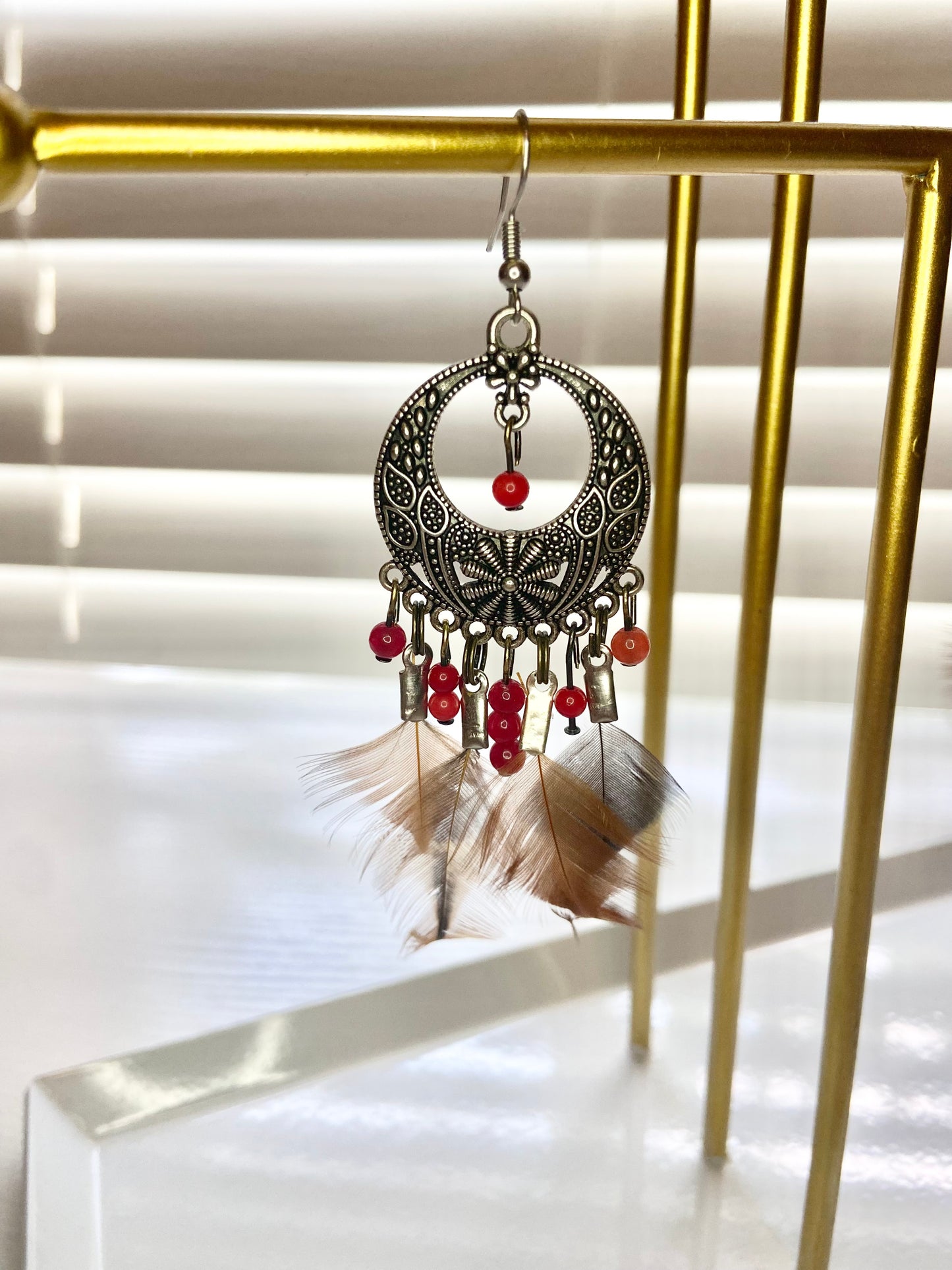 Coral Pheasant Boho Earrings
