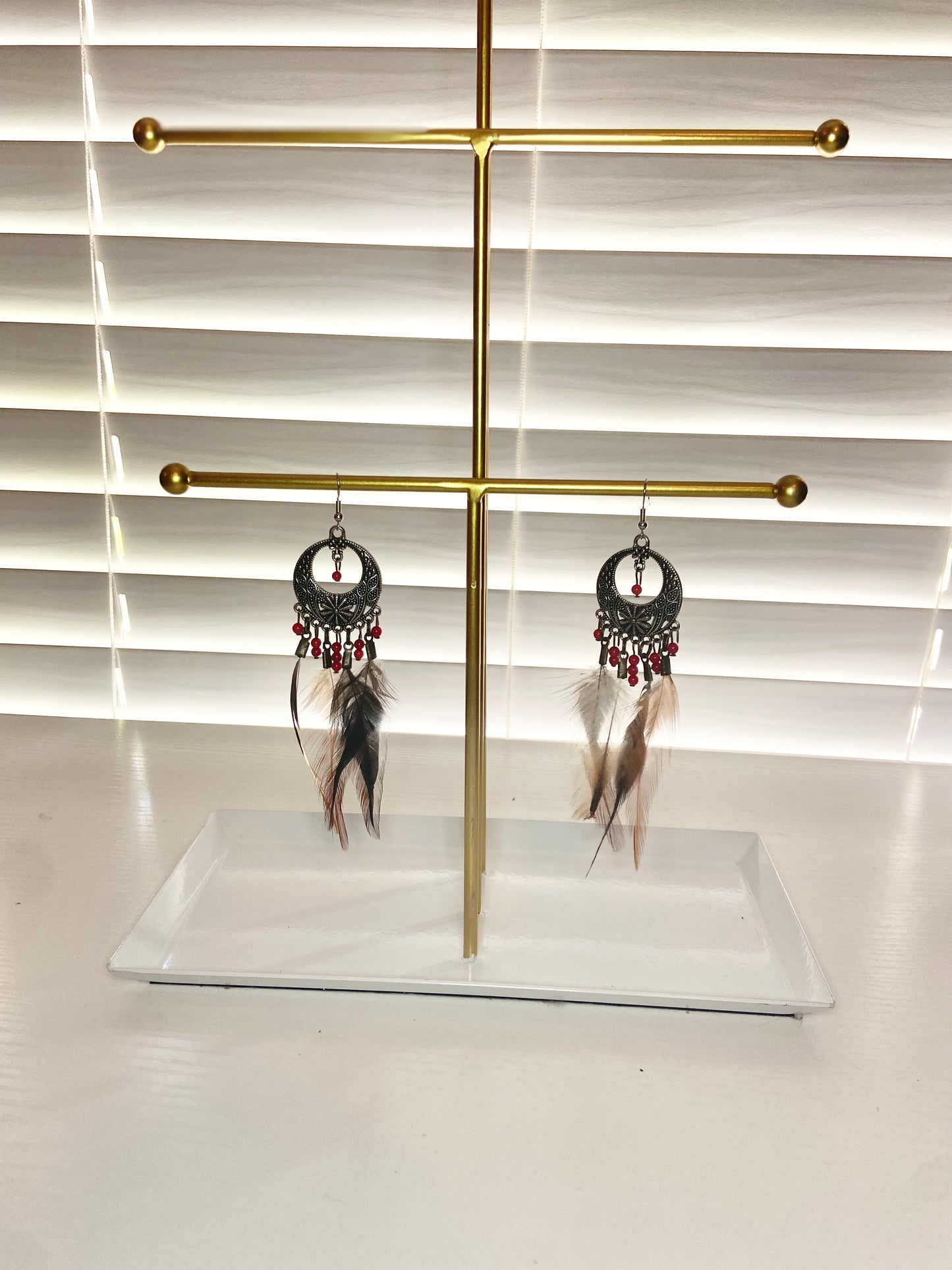 Pheasant and Coral Boho Earrings