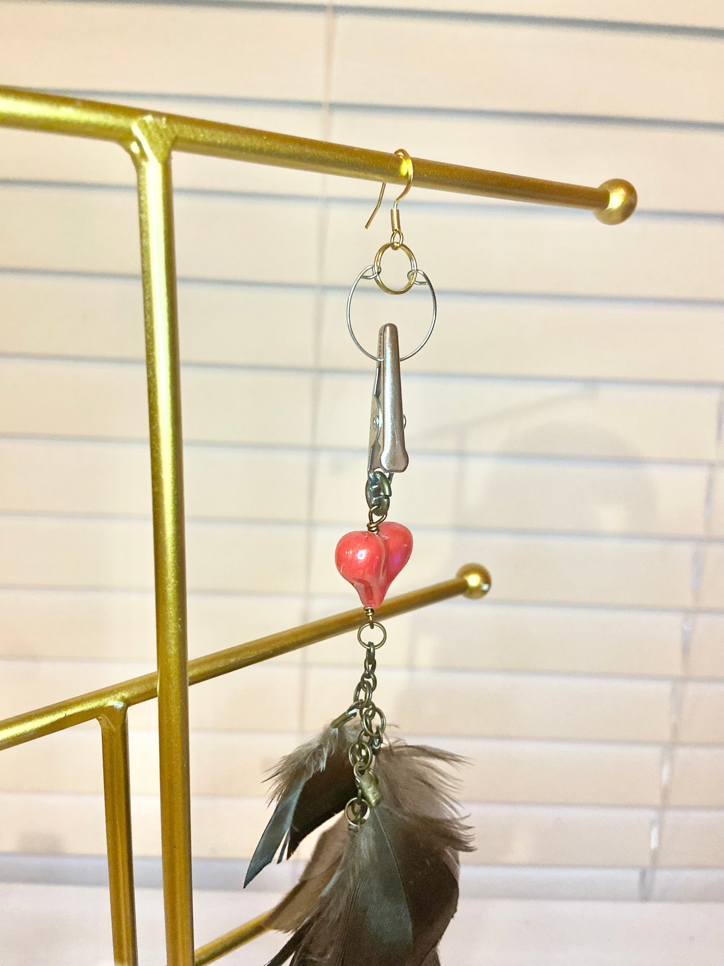 Red Heart Single Feather Earring