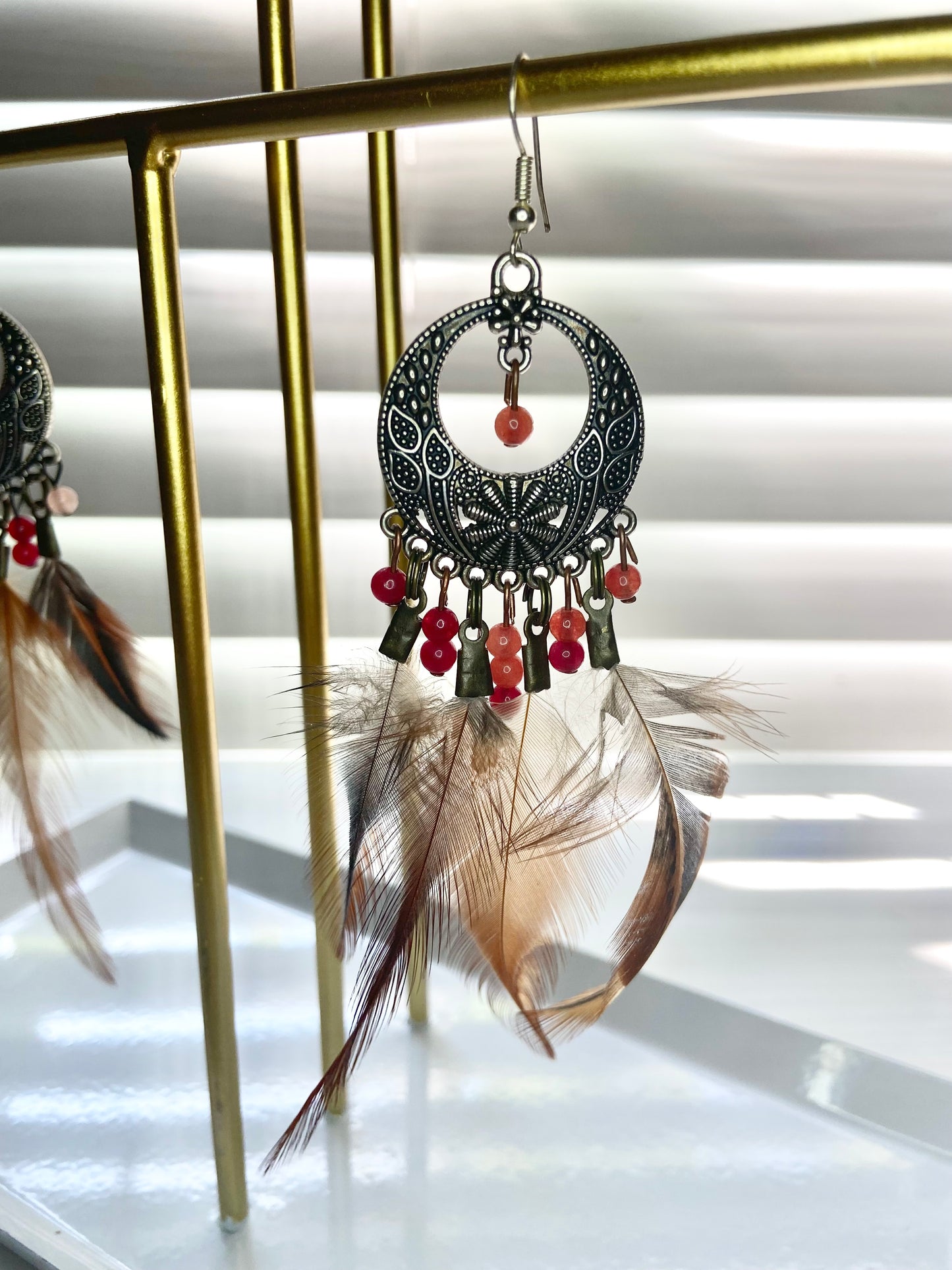 Pheasant and Carnelian Boho Earrings