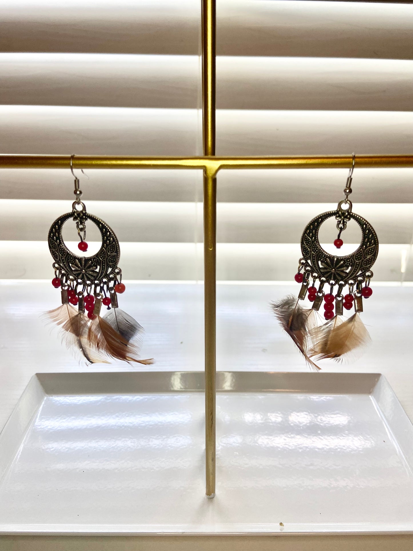Coral Pheasant Boho Earrings